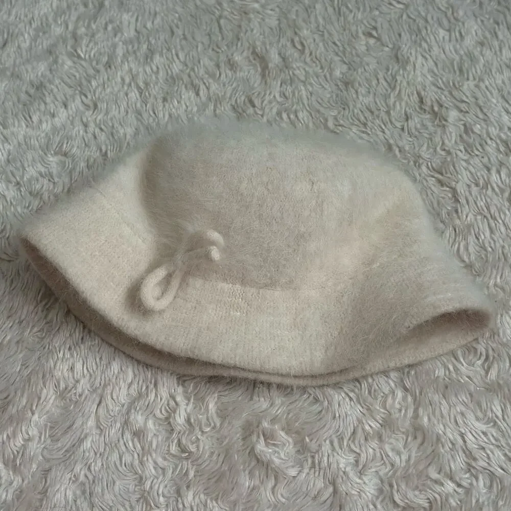 Gorgeous Vintage Cream White Ivory Angora Fuzzy Bucket Hat with Bow - Picture 2 of 6
